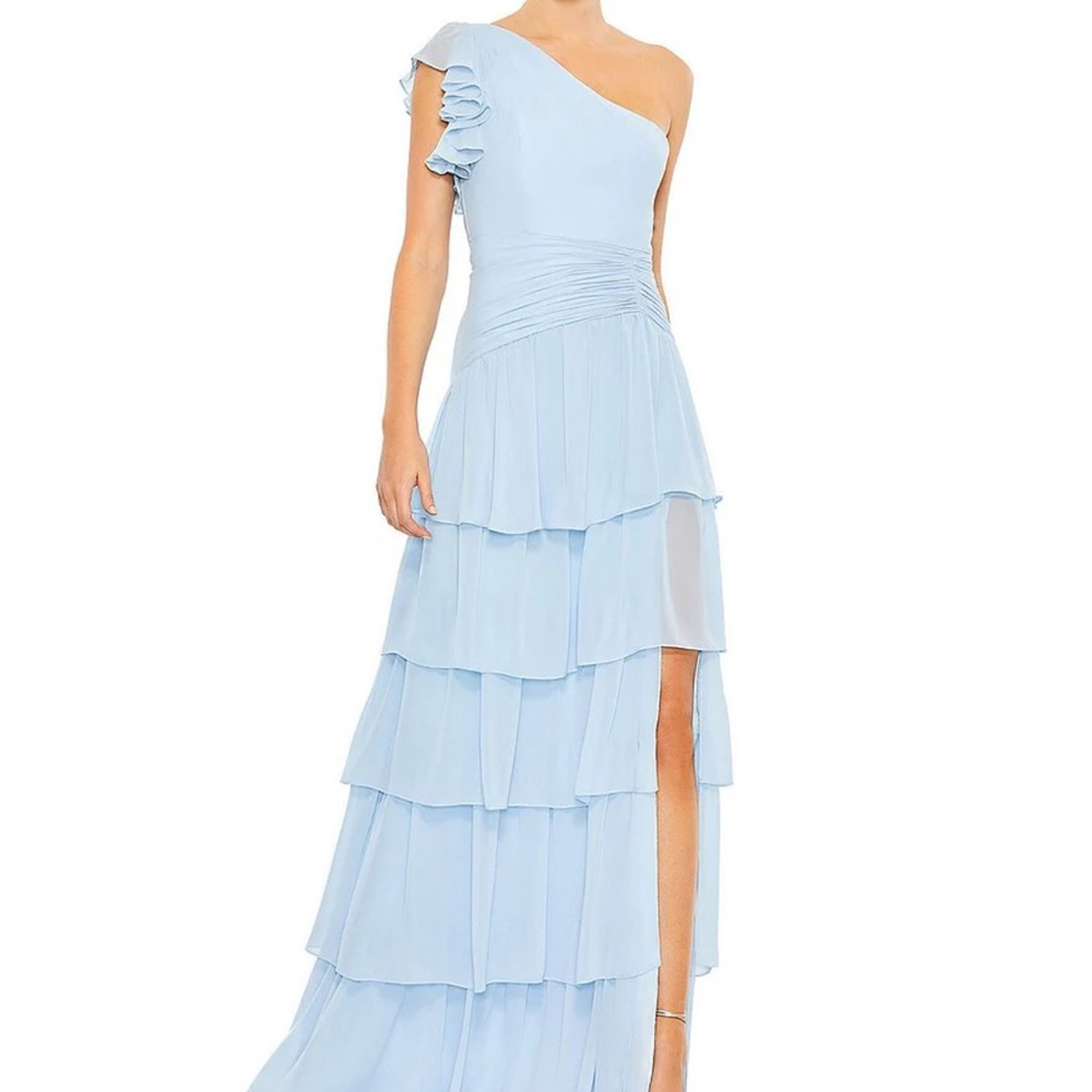 Mac Duggal One Shoulder Ruched Waist Sleeveless Tired Gown